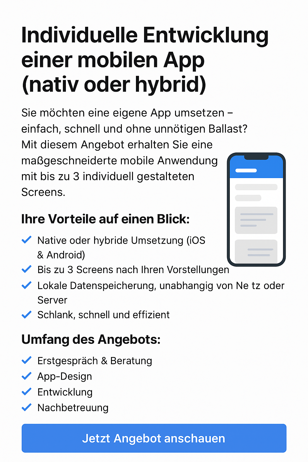 Individuelle Entwicklung Ihrer mobilen App für Kleinunternehmer (nativ oder hybrid)